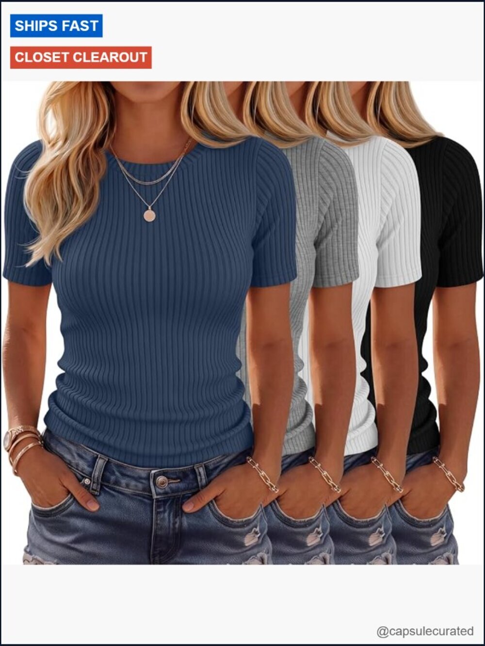 4 Pack Women's Ribbed Cotton Short Sleeve T-Shirts Crew Neck Fitted Basic Tops